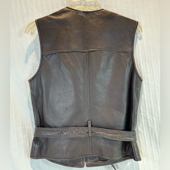 Preston & York Sz S Belted Brown Leather Biker Vest Jacket Gold hardware Zip - Picture 2 of 15